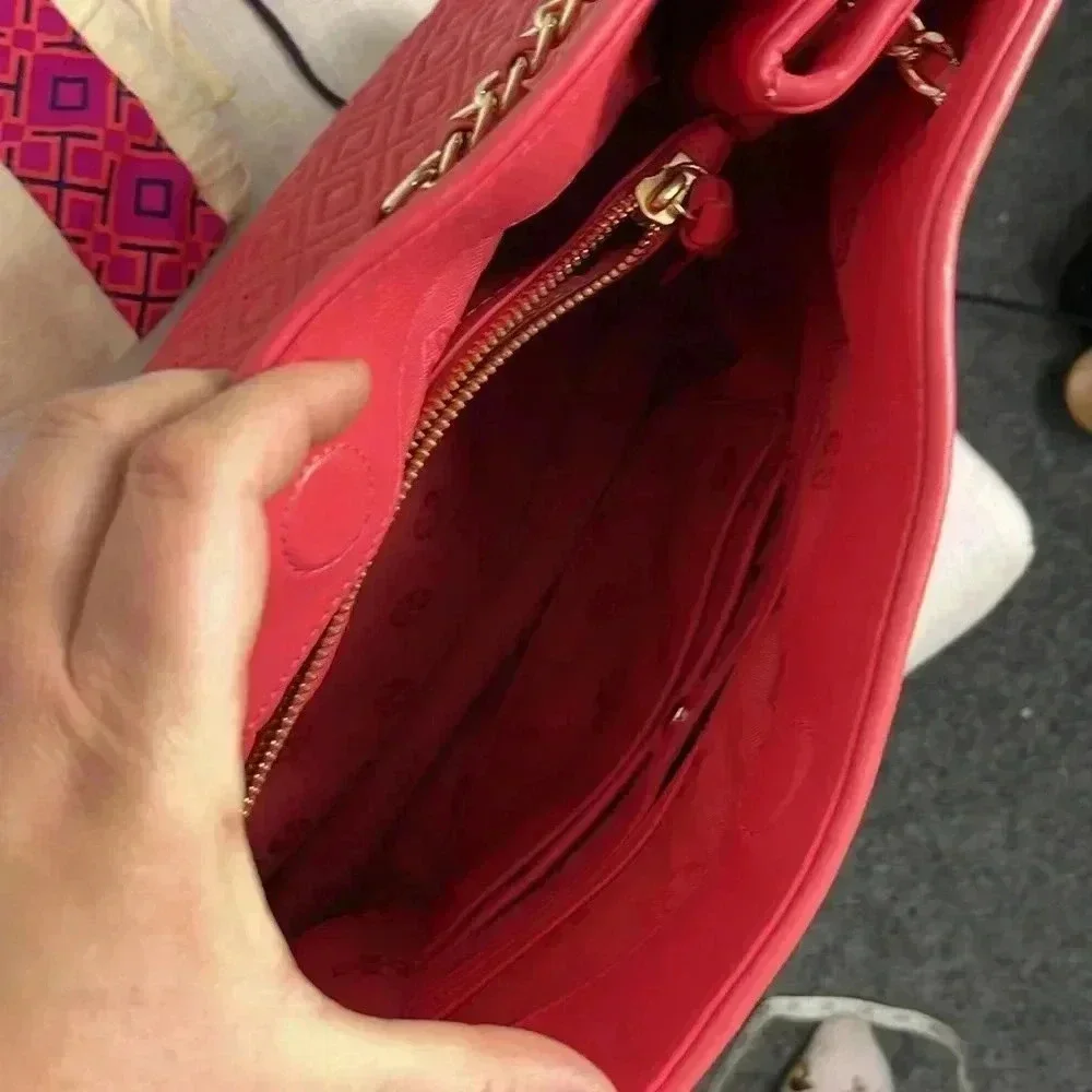 Tory Burch Marion Quilted Chain Slouchy Tote In Peony Bag Purse Chain Coral Pink - Picture 8 of 16